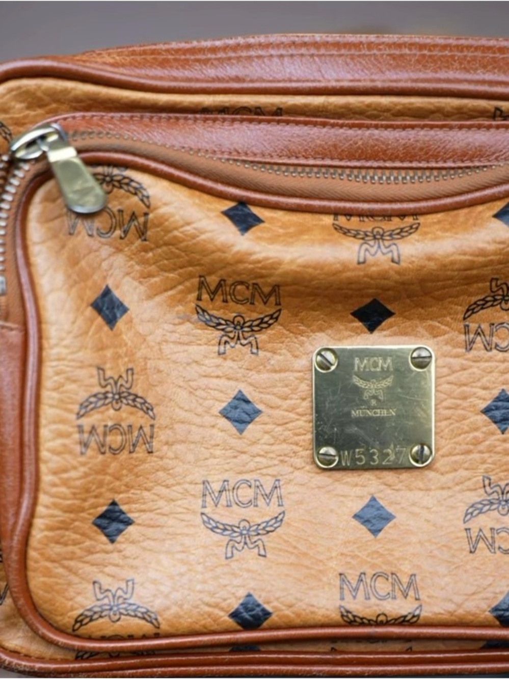 MCM Cognac Logo Shoulder Bag with Gold Plaque